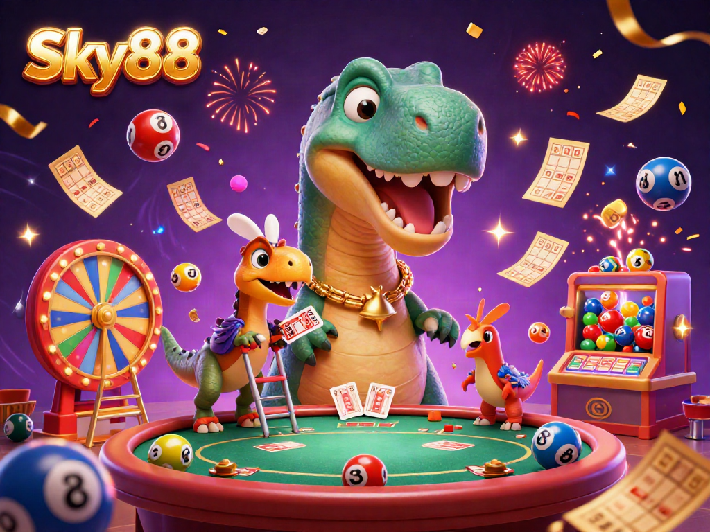 Experience Sky88's vibrant casino scene with a dynamic brontosaurus, clever raptor, and colorful gaming elements.