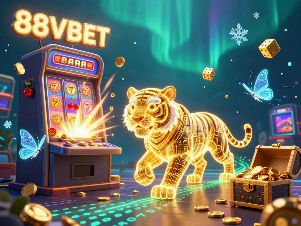 Immerse yourself in the thrilling casino world of 88VBET, featuring a vibrant scene of a golden tiger and slot machine.