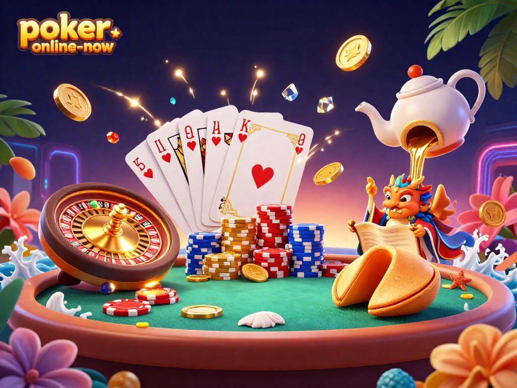 Engage in Poker-Online-Now with dynamic casino elements showcasing a colorful poker table and golden fortune cookie.