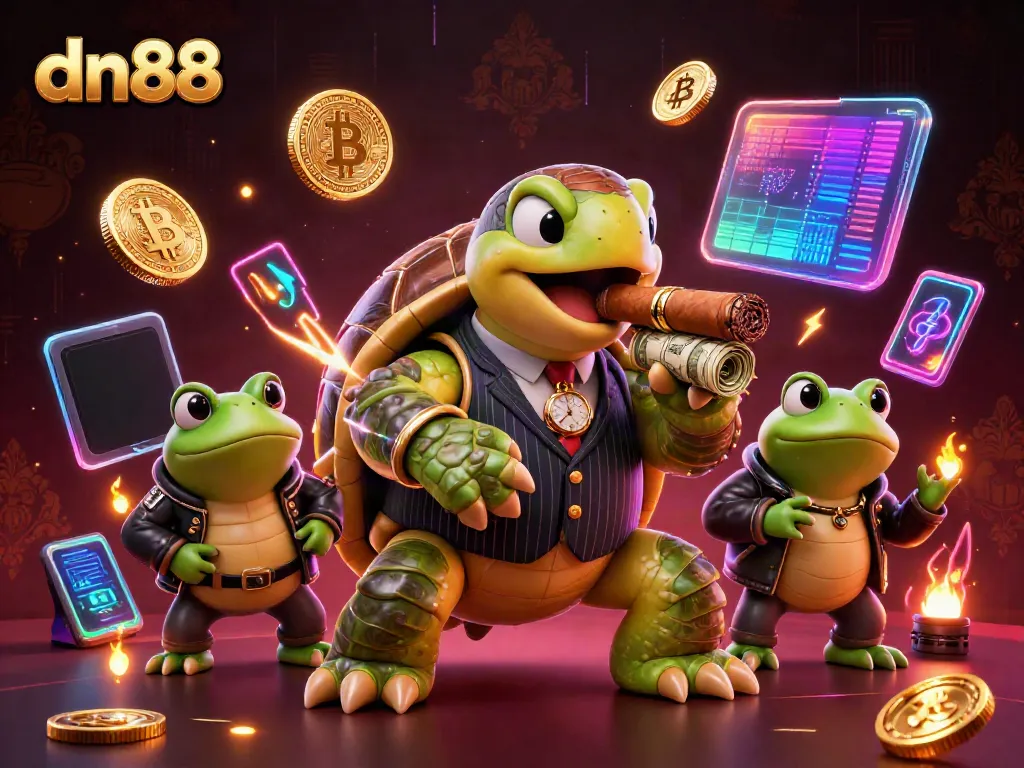 Experience the thrilling casino atmosphere at dn88 with a whimsical turtle and bullfrog characters.