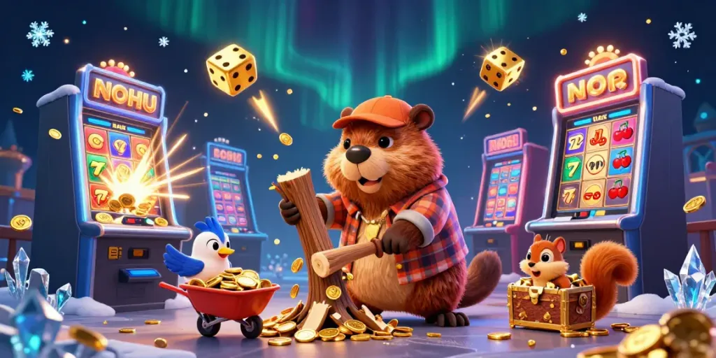 Experience the thrilling NOHU slots with a dynamic scene of a cartoon beaver surrounded by coins, jackpots, and casino games.