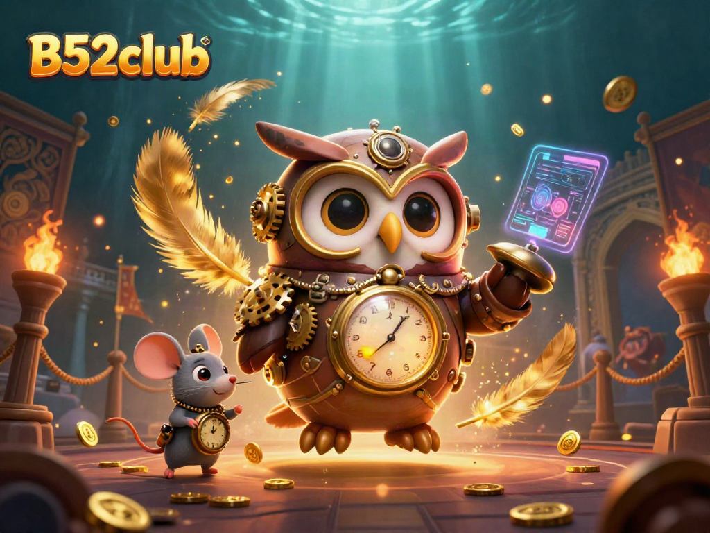 B52club's time-traveling owl and clockwork mouse in an ornate casino setting, showcasing vibrant digital art.