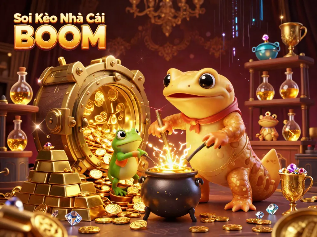 Experience the excitement of Soi Kèo Nhà Cái BOOM with golden treasures and playful characters in a vibrant casino-themed scene.