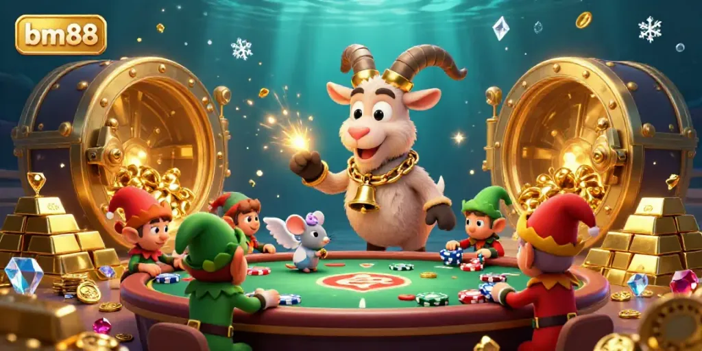 Engaging igaming scene showcasing bm88 with festive characters at a lively casino, capturing excitement and energy.