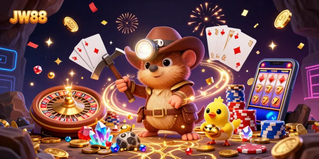 Experience excitement with JW88 as the treasure hunter uncovers gems amid cascading coins in this dynamic scene.