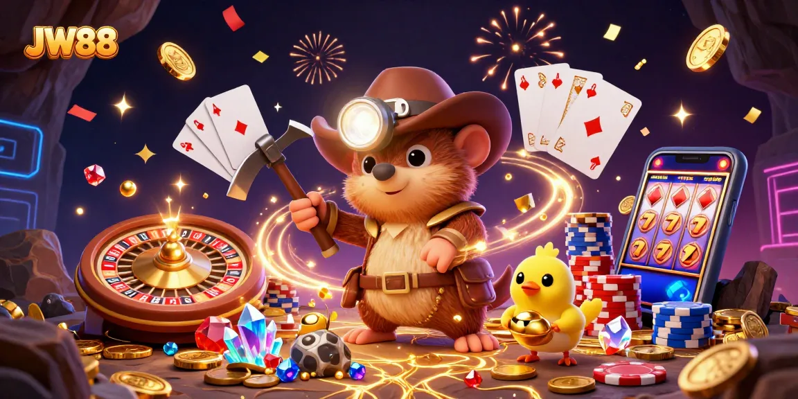 Experience excitement with JW88 as the treasure hunter uncovers gems amid cascading coins in this dynamic scene.