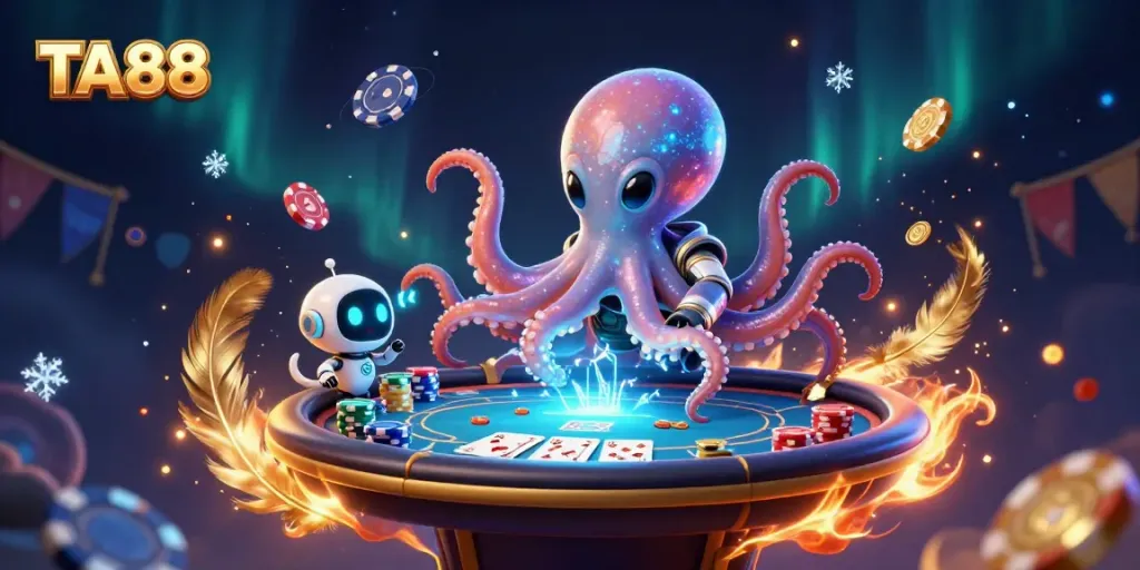 Engage in thrilling cosmic poker with TA88, featuring a vibrant octopus and robot in a dramatic 3D scene.