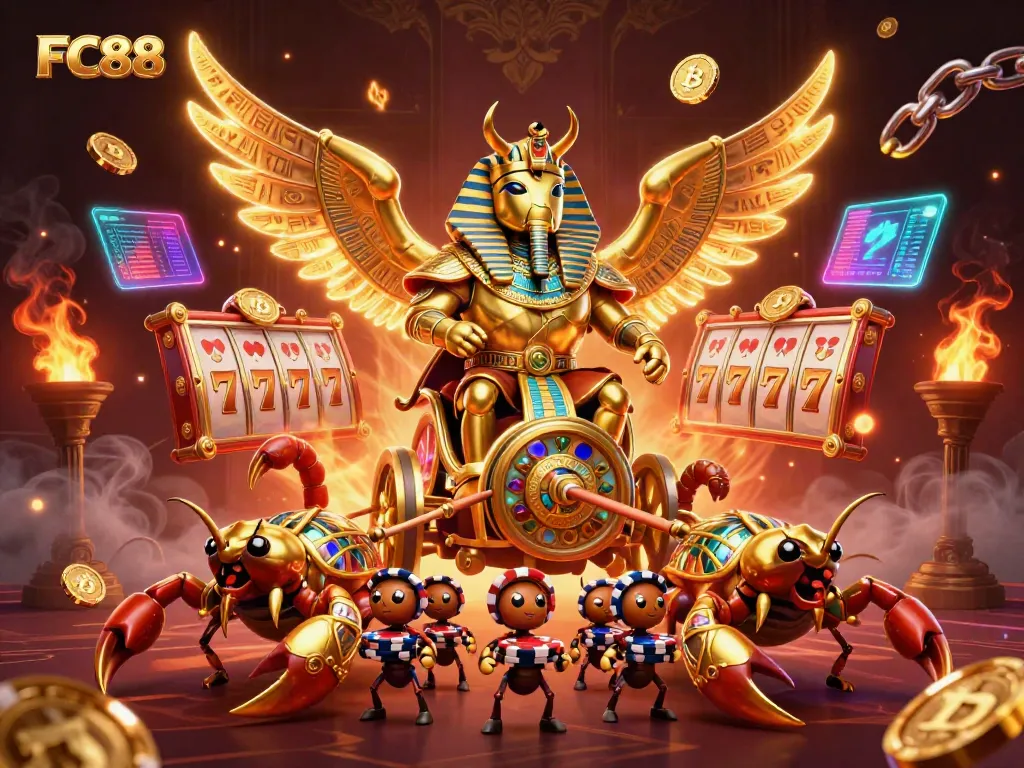 Experience thrilling gameplay at FC88 with a 3D scene of a golden scarab beetle in a casino setting.
