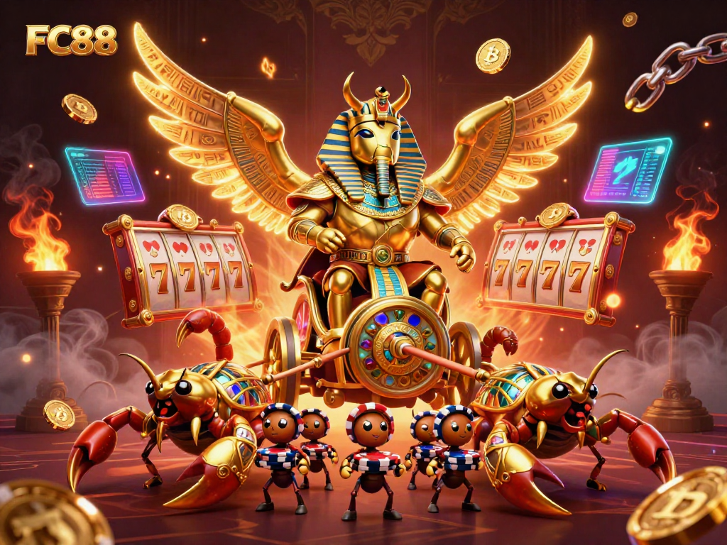 Experience thrilling gameplay at FC88 with a 3D scene of a golden scarab beetle in a casino setting.