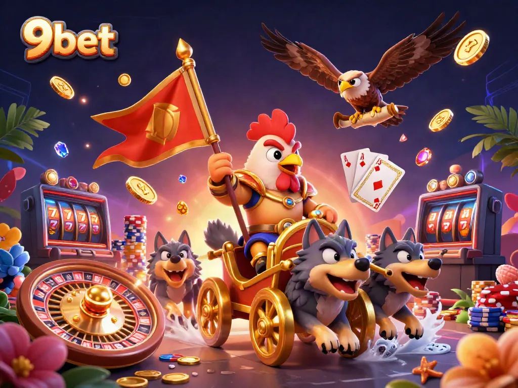 Experience the excitement of 9bet with dynamic casino visuals featuring a rooster warlord in a lavish chariot surrounded by coins and game elements.