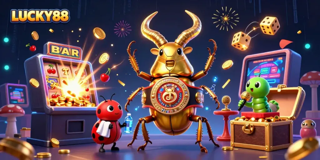 Experience thrilling gameplay with LUCKY88, featuring vibrant 3D characters and jackpot excitement from a lively slot machine scene.