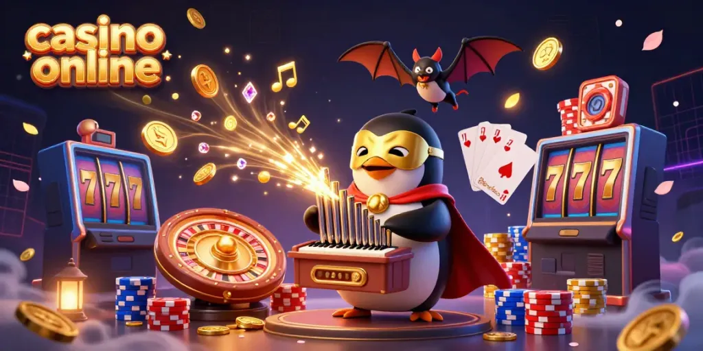 Experience thrilling gameplay at an animated casino online with a whimsical penguin and vibrant game elements.