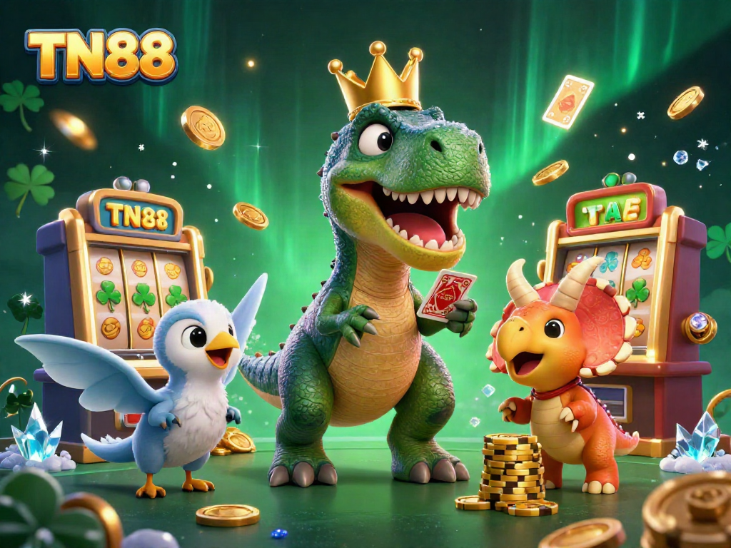 Experience the excitement of TN88 with a playful T-Rex card shuffling, enhanced by vibrant casino elements.