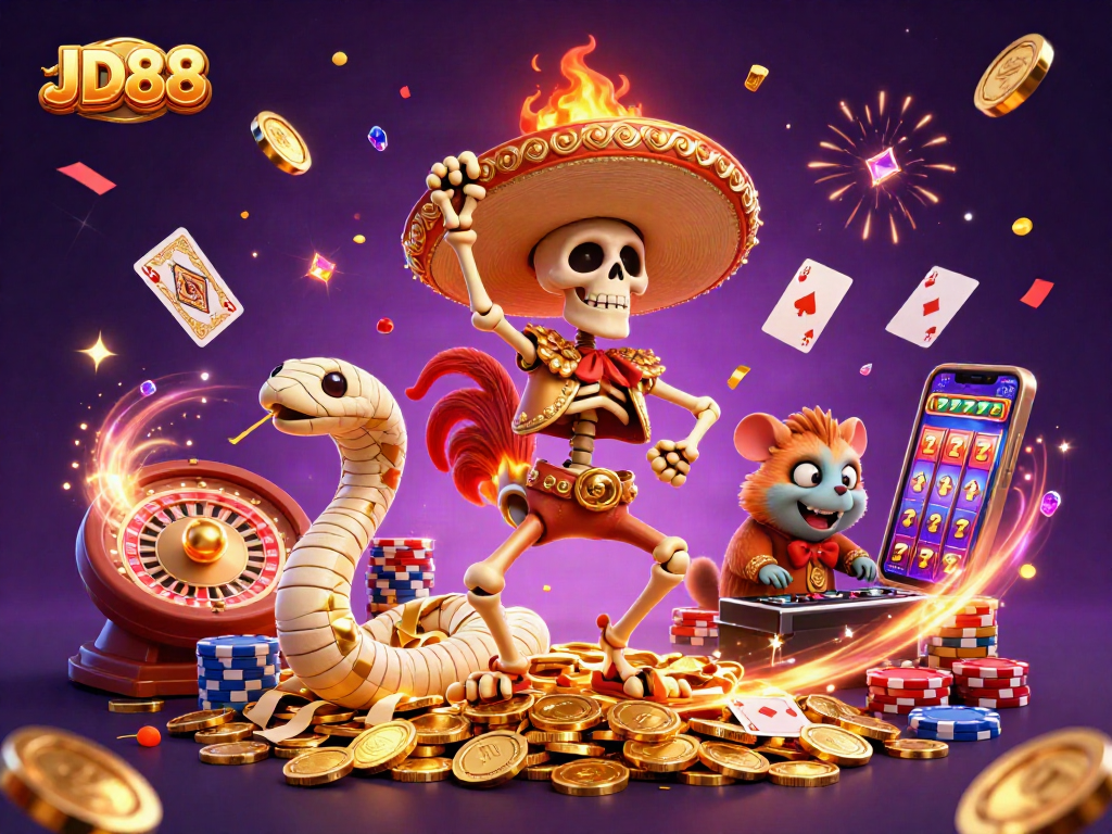 Celebrate with JD88 in a vibrant casino scene featuring lucky symbols and energetic characters.