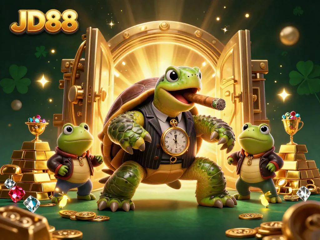 JD88 showcases thrilling gaming adventures with cartoon turtle and bullfrog enforcers in a vibrant casino scene.