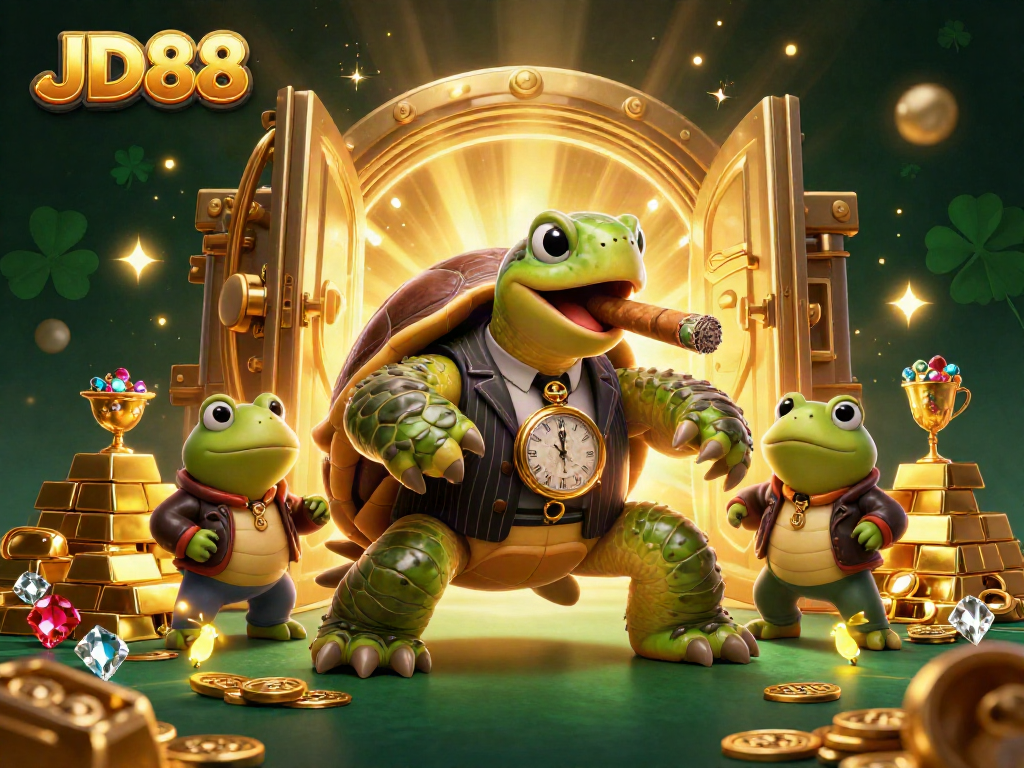 JD88 showcases thrilling gaming adventures with cartoon turtle and bullfrog enforcers in a vibrant casino scene.