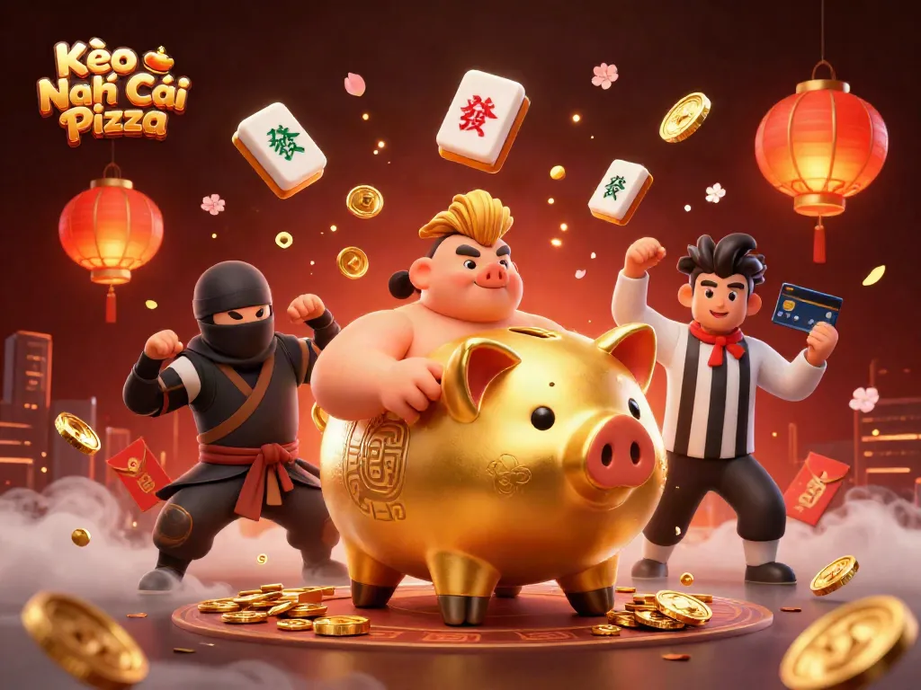 Engage with Kèo Nhà Cái Pizza through a lively casino scene featuring dynamic characters and gold elements.