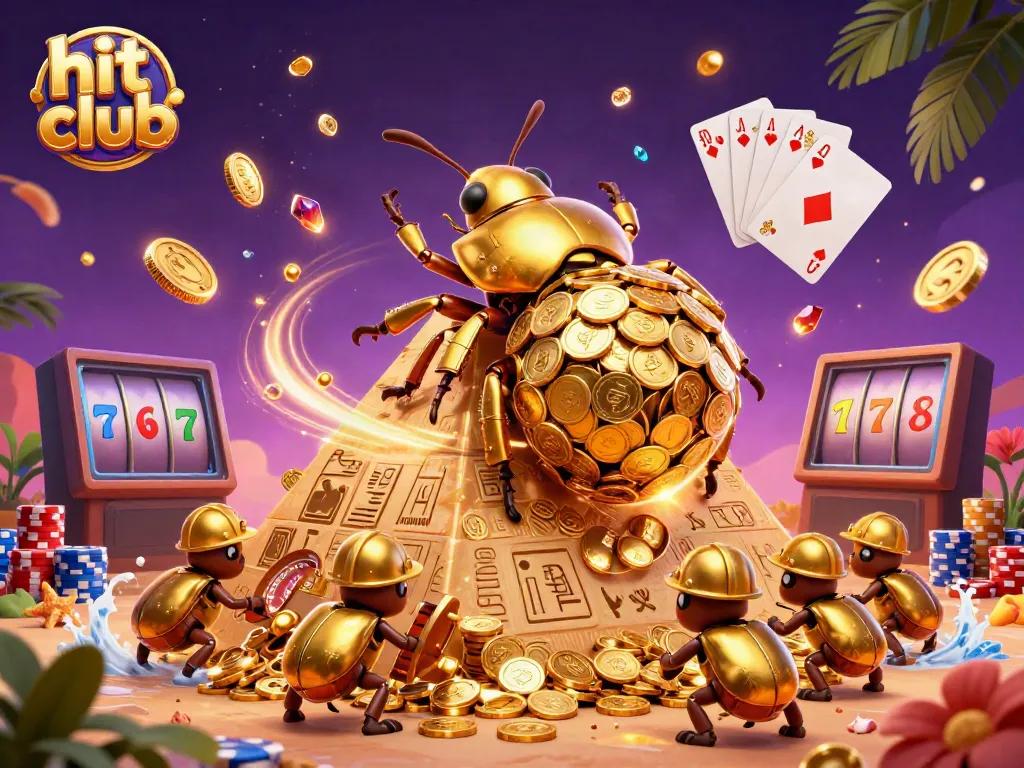 Experience the thrill of the hit club with a vibrant illustration of a golden beetle and casino elements.