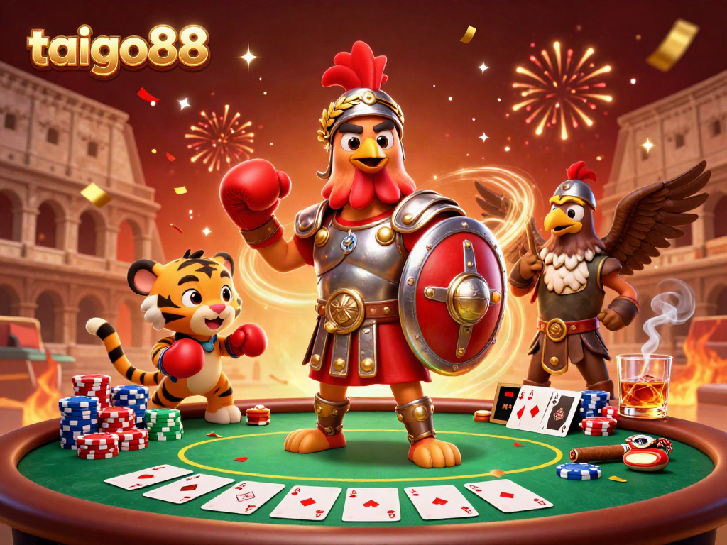 Experience the energetic world of taigo88 with a 3D gambling-themed scene featuring a gladiator rooster and poker elements.