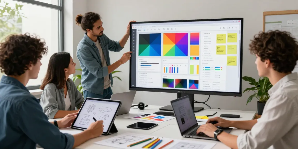 Team collaborating on a Google Mixboard project in a modern office setting with vibrant moodboards and digital design tools.