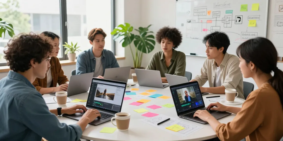 Creative team collaborating on AI video generator software in modern office
