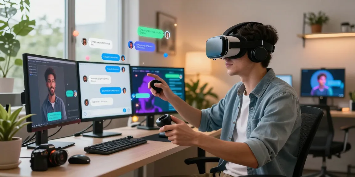 Engaging user interacting with a sluts ai chatbot in a cozy tech workspace, showcasing vibrant digital responses and a modern VR setup.