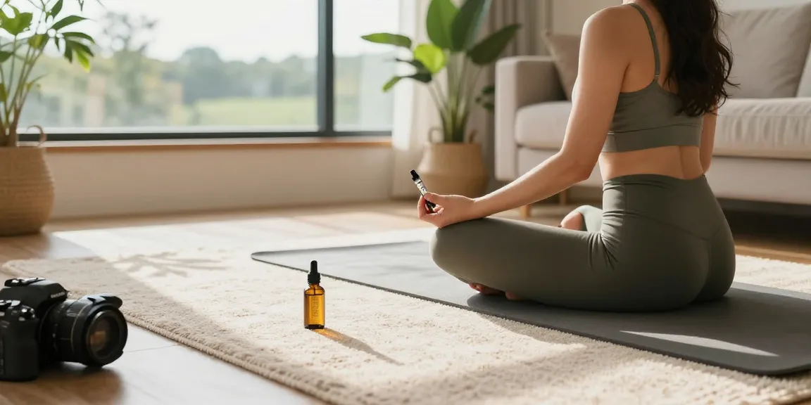 THC vape juice surrounded by a relaxing wellness scene with CBD oil and hemp products, promoting natural wellness.