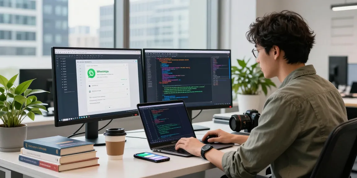 WhatsApp下載 interface displayed on developer's monitor in a modern tech workspace