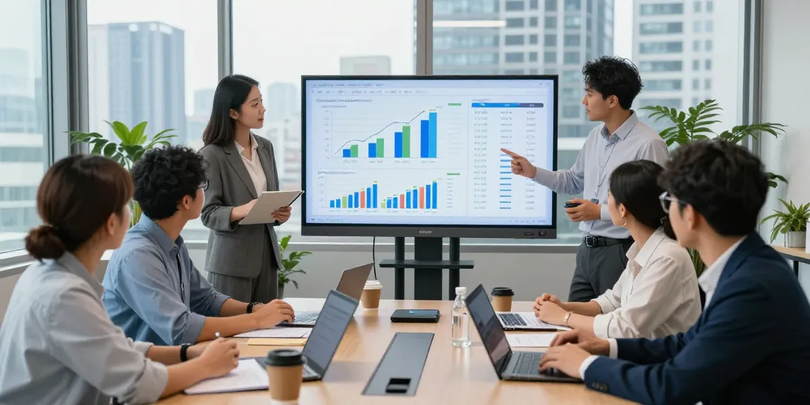 Group discussing business electricity half hourly meter data in modern office environment.