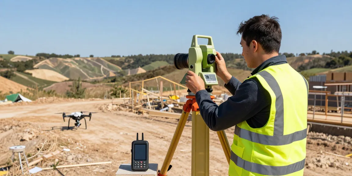 Land surveyors near me engaged in precise topographical surveying at a construction site, highlighting modern equipment and accuracy